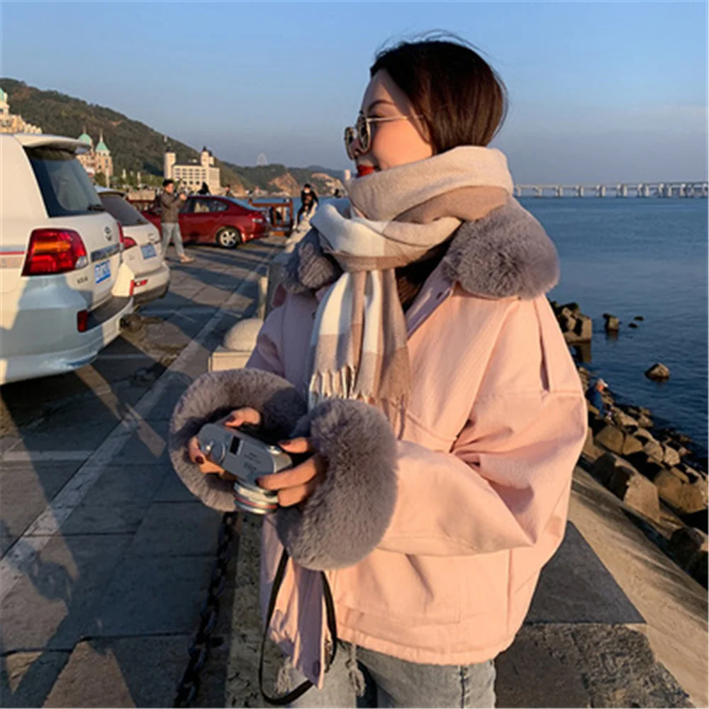 

2021 New Winter Jacket Women Fur Collar Korean Style Fashion Cotton Coat Short Warm Coats Parkas Casual Jackets Female H65