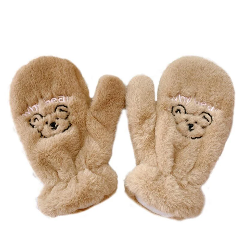 

Women Winter Thick Knitted Cashmere Plush Wool Warm Mittens Female Cute Full Fingers Gloves Cartoon Bear Faux Fur Gloves