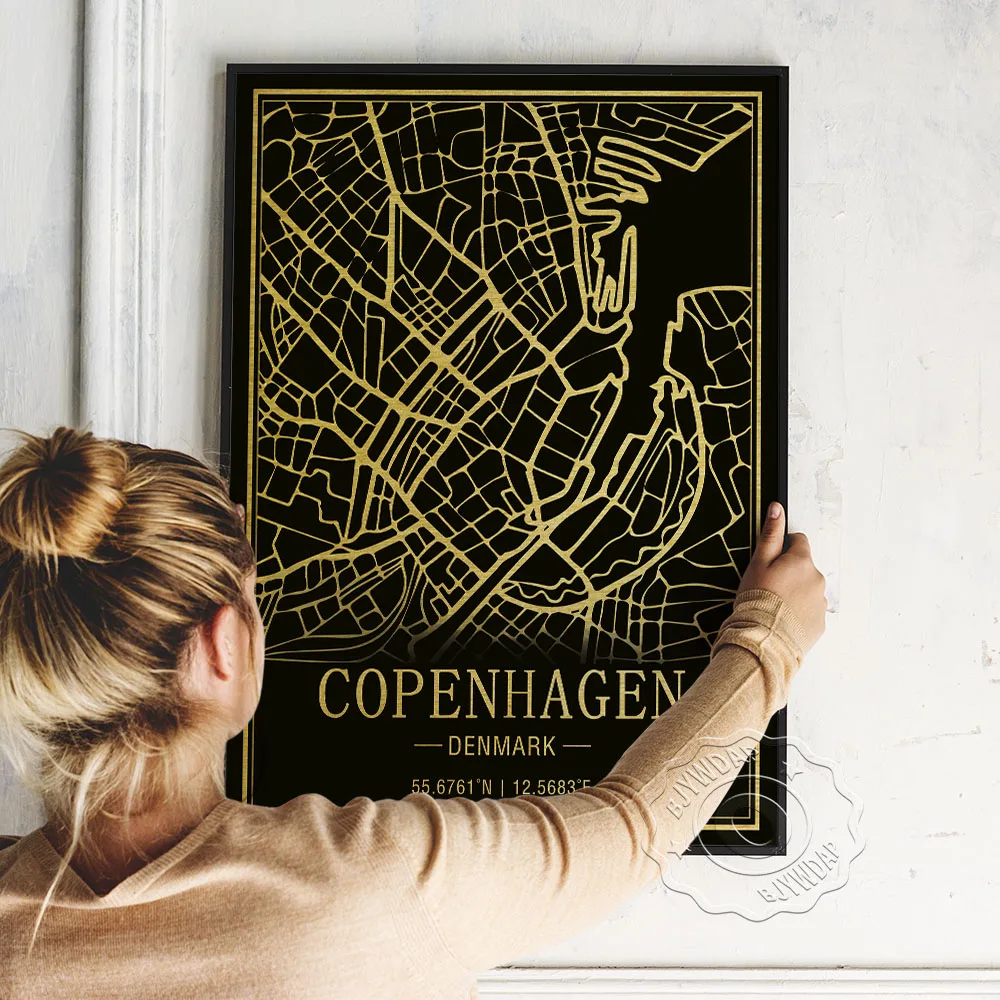 

Denmark Copenhagen Map Poster, Black Golden Copenhagen Satellite Image Line Art Prints, Nordic Geography Wall Home Decor Gift