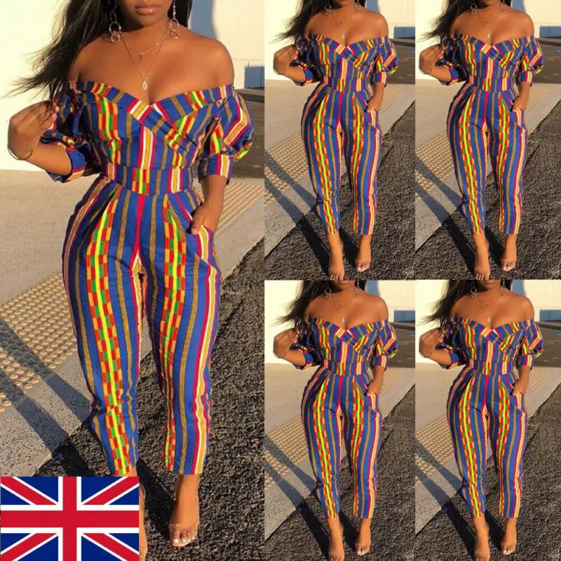 Женский Цветной полосатый комбинезон с открытыми плечами летний повседневный