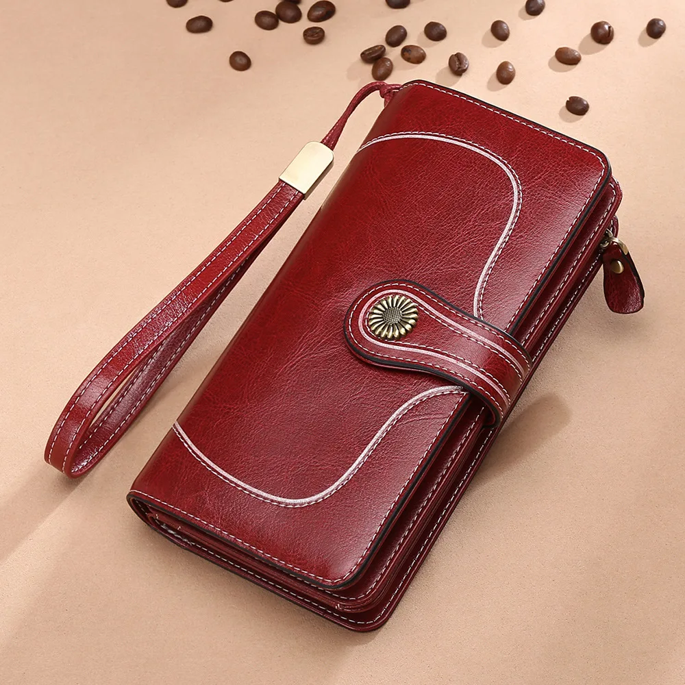 

Manufacturers Wholesale New Oil Wax Leather Ladies Large Capacity Leather Wallet Long Women's Big Bills Of Banknotes