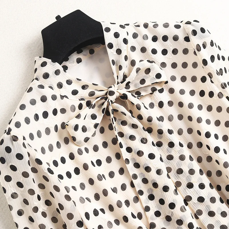 

Elegant Bow Collar Vintage Polka Dot Print Pleated Chiffon Dress Runway Designers Spring Clothes Women Fashion Midi Vestidos