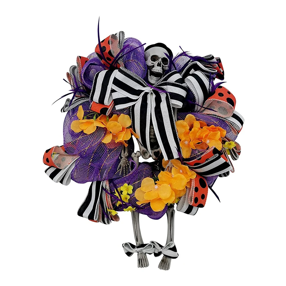 

1 шт. Круглый венок на Хэллоуин для входной двери, висячая гирлянда с черепом, праздничный настенный искусственный венок со скелетом, 43*36 см