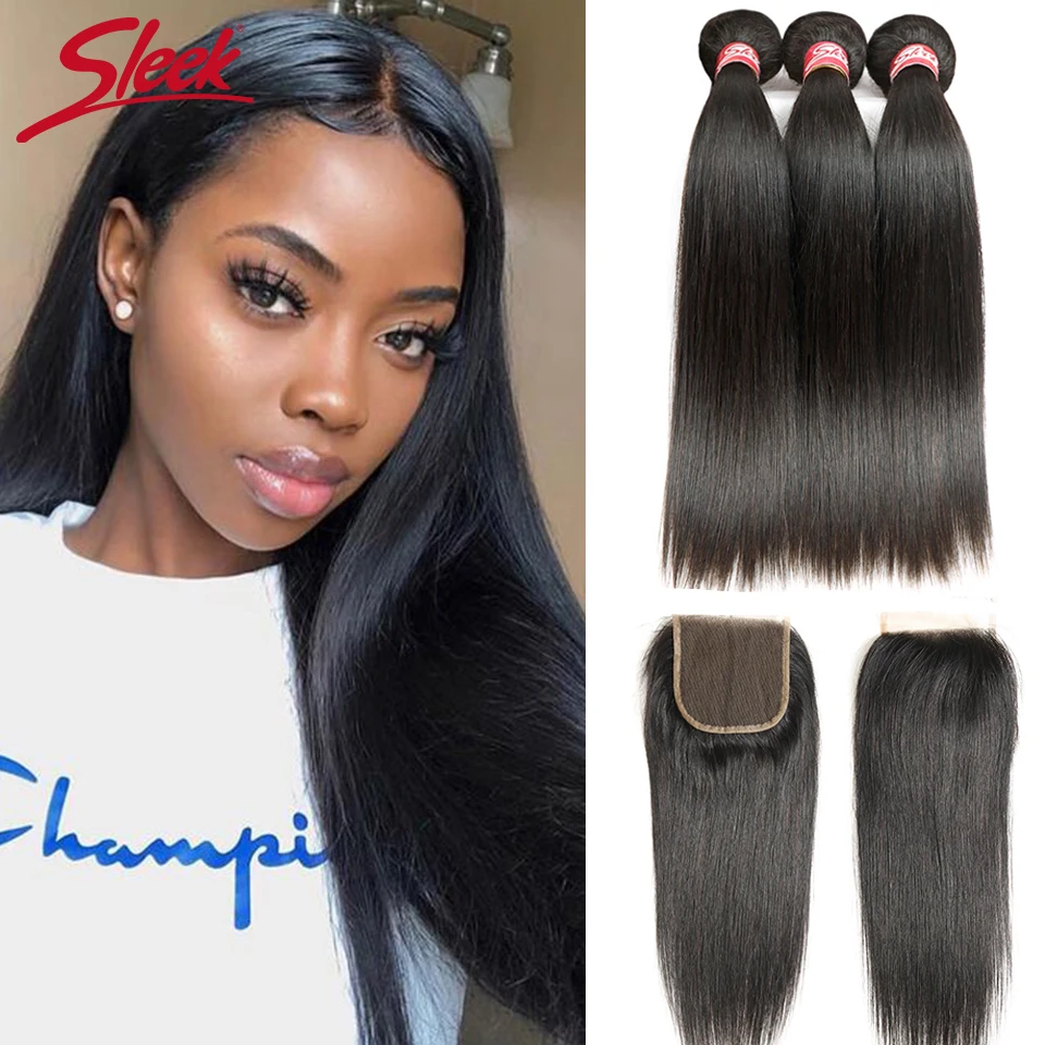 Sleek Brazilian Straight Hair Bundles With Closure Natural Color Hair Weave 30 32 36 Inch Remy Human Hair 3 Bundles With Closure