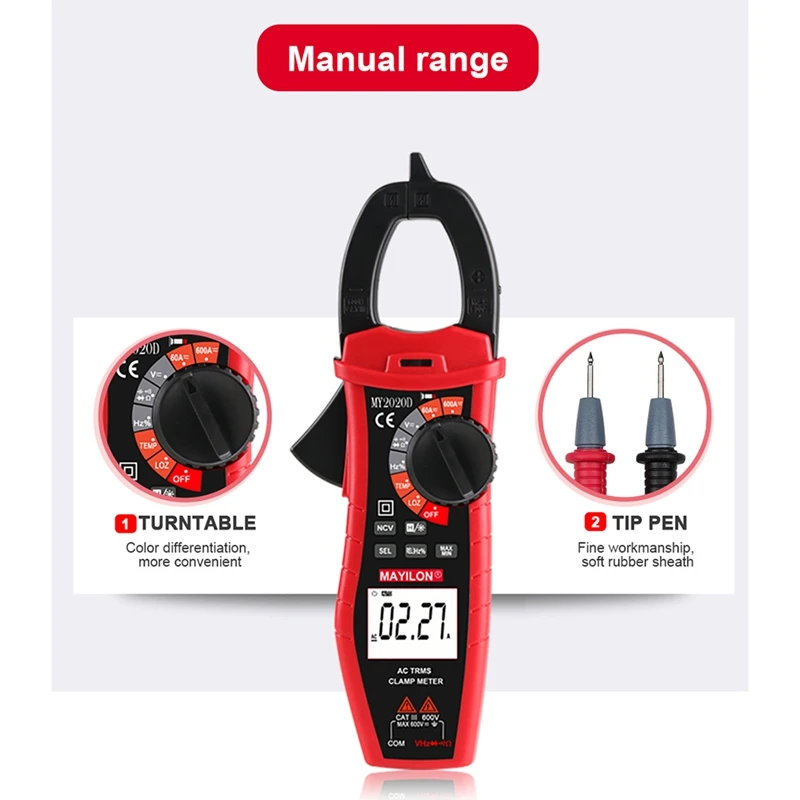 

MAYILON MY2020D Clamp Multimeter 6000 Counts Auto Range LCD Digital Current Voltage Capacitance Frequency Resistance Temp Meter