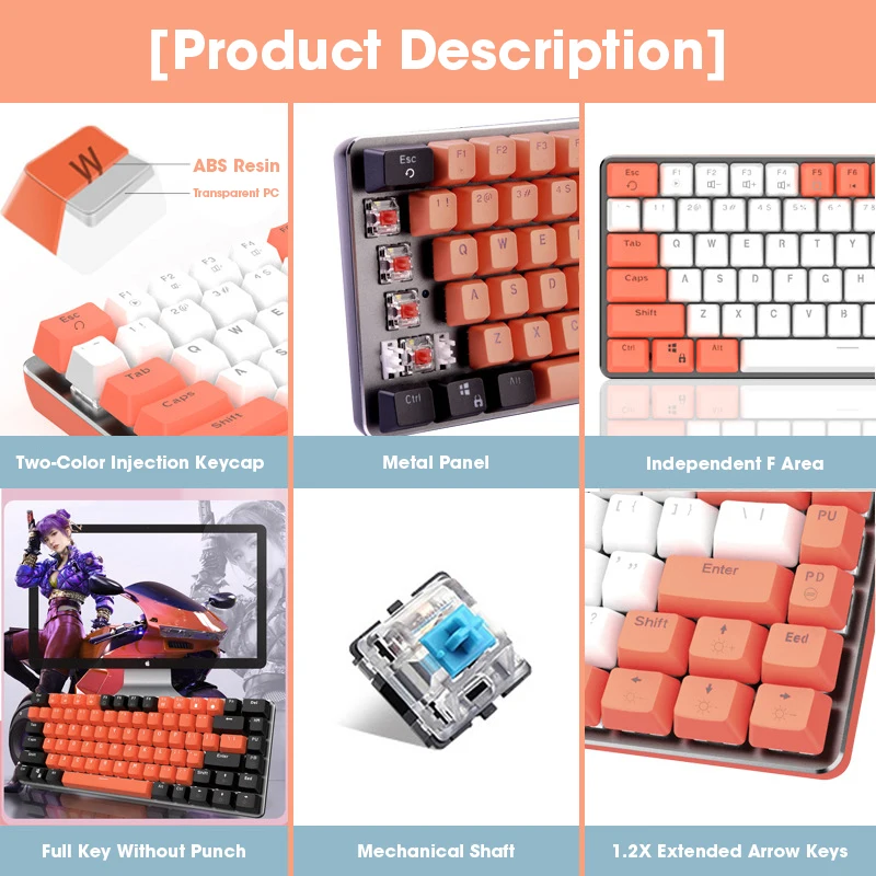 

82 Keys Anti-Ghosting Mechanical Gaming Keyboard With Adjustable USB Wired PC White Backlight ABS Keycaps Pink Keyboard