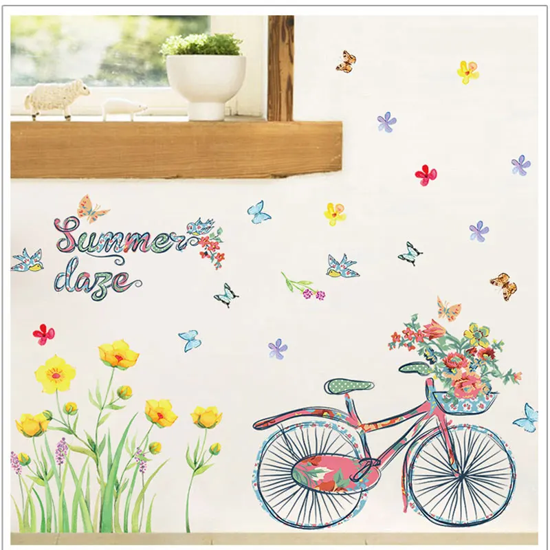 Пасторальный стиль желтые цветы и велосипед летние настенные наклейки для