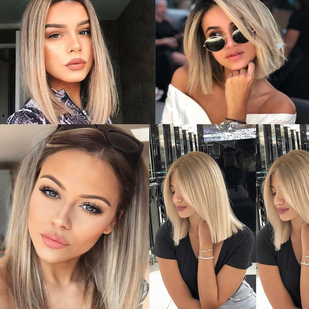 FAVE, смешанный коричневый блонд, прямые 1,8*9, кружевные передние короткие парики, средняя часть, синтетические парики для черно-белых женщин, косплей
