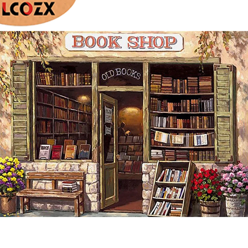 

LCOZX 5D DIY ручной работы полный дрель алмазов картина "книжного магазина", перекресная строчка, Наборы Алмазная мозаика, алмазная вышивка домаш...