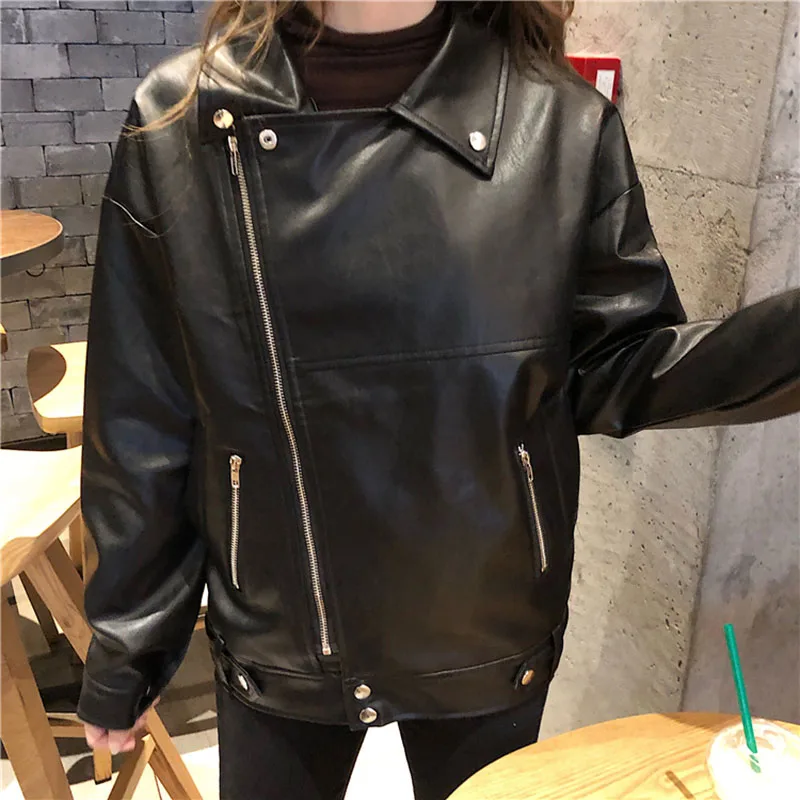 2021 Autumn Women Pu Leather Jacket Woman ZipperLoose casual all-matchShort Coat Female Black Punk  Leather  the street Outwear