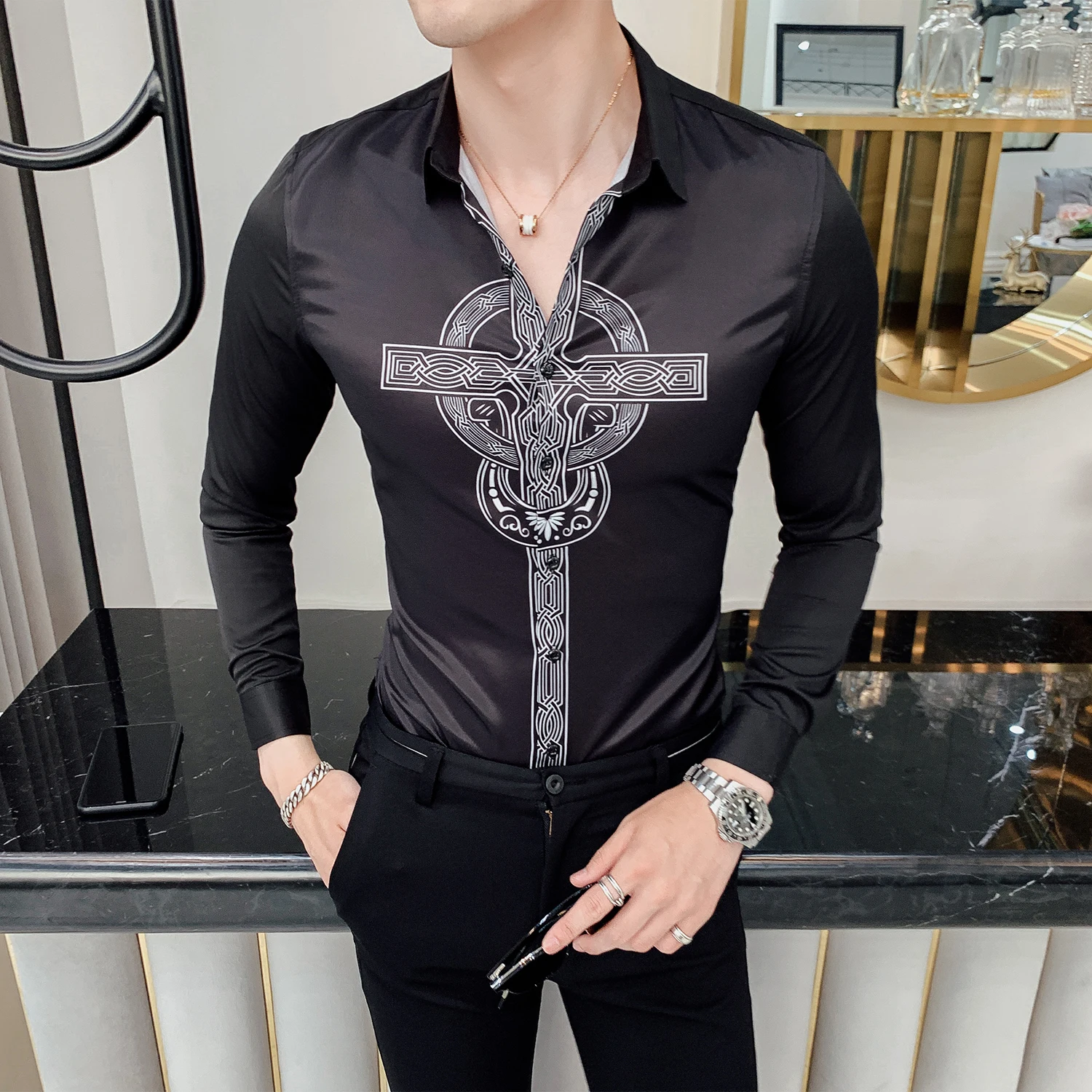 Camisa Homem Prom Camisa Masculina, осенняя рубашка с цветочным принтом, рубашка с принтом в виде креста, мужская рубашка с длинными рукавами, DJ Singer