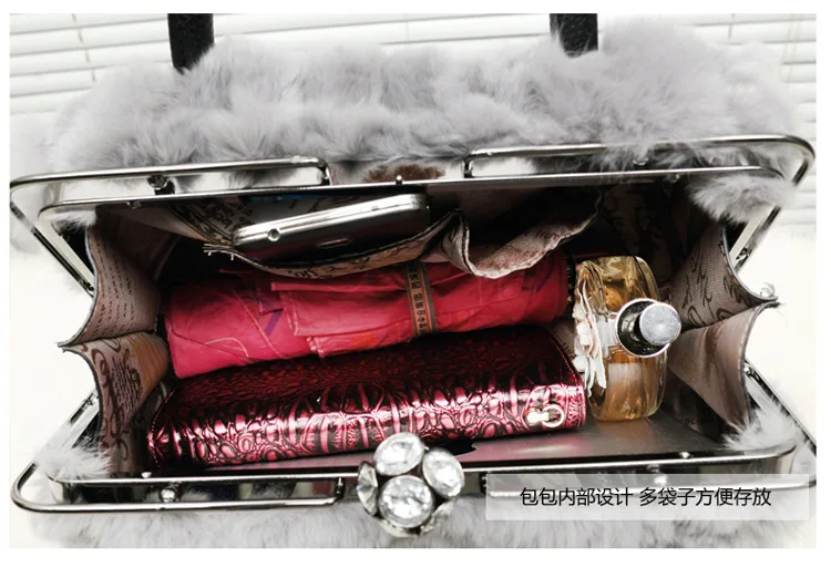

Natural Cony Hair Frame Handbag Women Casual Rabbit Hair Fur Cute Shoulder Bag Female Winter Muff Leisure Kisslock Crossbody Bag