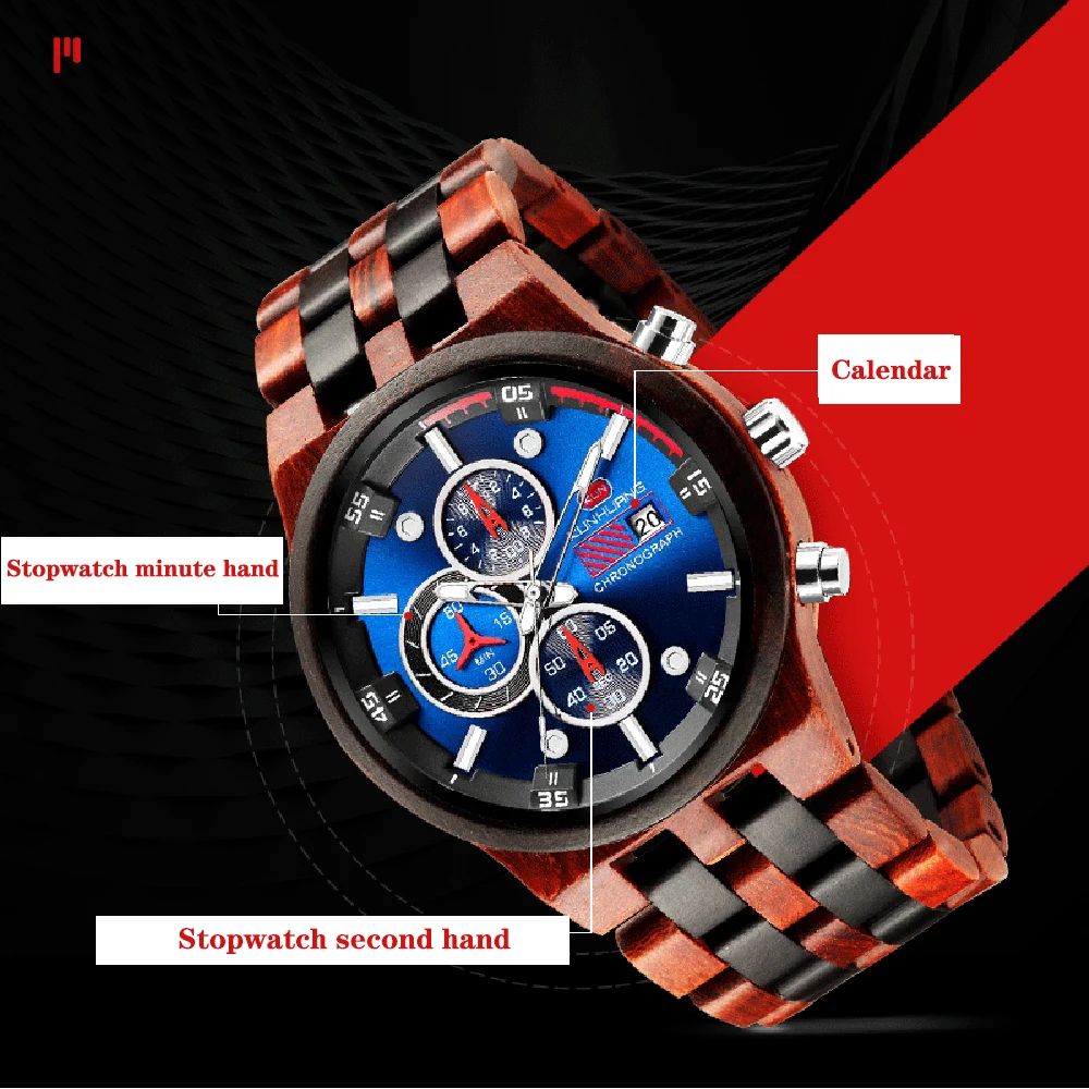 Мужские деревянные часы KUNHUANG модные светящиеся спортивные кварцевые мужские