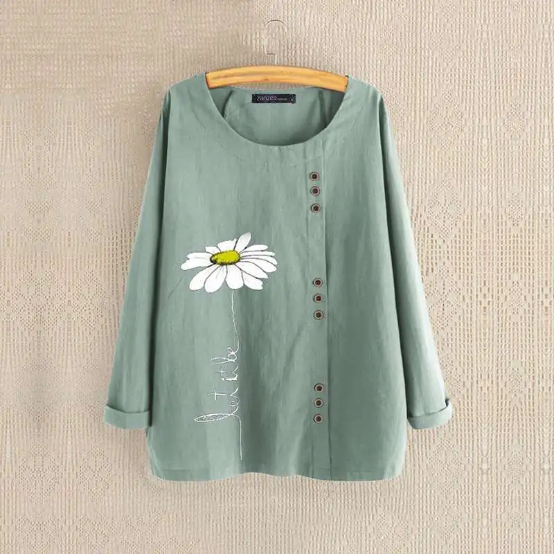Light Green ZANZEA, Женская винтажная Цветочная блузка, Повседневная рубашка с длинным рукавом, женская одежда, Осенние Топы с принтом, хлопковые льняные блузки, женские блузки - Цвет: Light Green