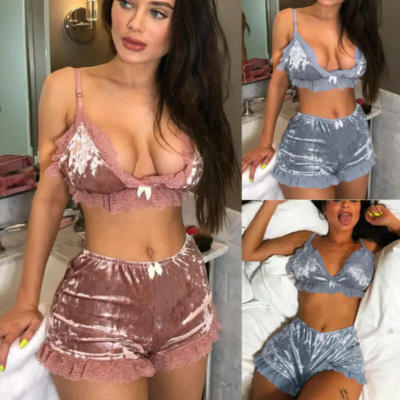 Women Velvet Pajama Sets Lingerie Nightwear Sleepwear Babydoll Lace G-string Underwear | Женская одежда