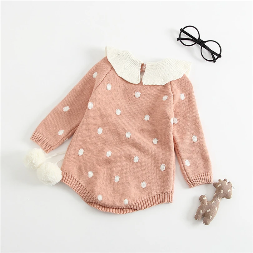

Newborns Winter Knit Bodysuit Baby Boy Girl Dot Plush Ball Long Sleeved Romper Ruffled Collar Crochet Sweater Jumpsuit 0-24M A20
