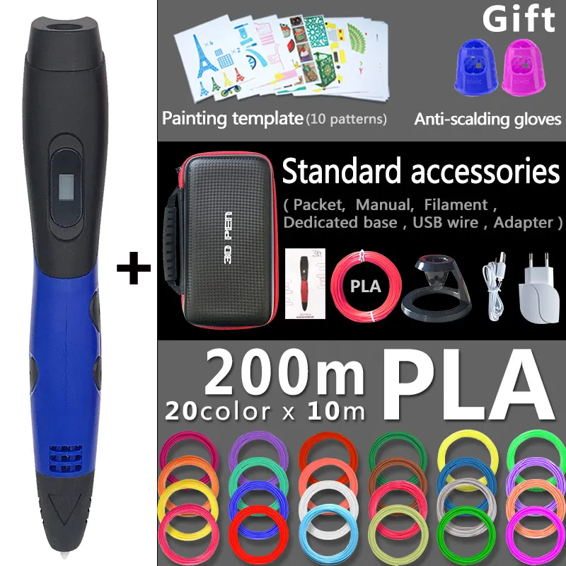Blue pen 200m PLA 3d Ручка 3d ручки, подарок на год для детей; подарок на день рождения, Рождество, 3 d Ручка 3d модели, Творческая 3d печатная ручка, 1,75 мм ABS/PLA нити - Цвет: Blue pen 200m PLA