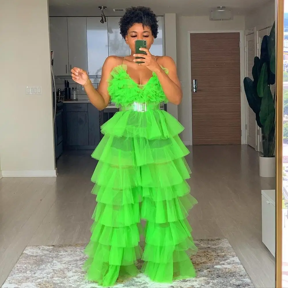 Fluorescent Green Women Two Pieces Tulle Tops And Pants Party Cocktail Prom Separates Women Long Tulle Pants Ruffled Tulle Tops