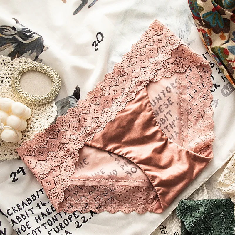 

New Lace Panties Women French Lace Sexy Breathable Hollow Temptation Transparent Mesh Cotton Crotch Low Waist Briefs Loli Solid