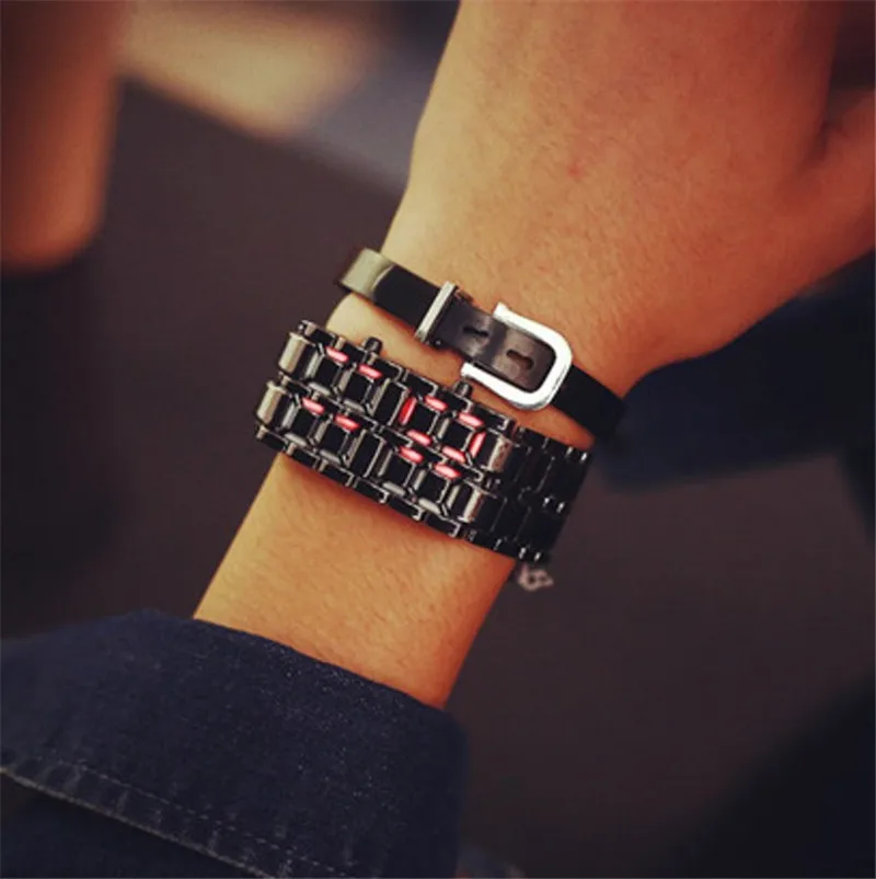 Fashion Led Watches Wristwatch Full steel Fire Digital Men Women Lava Iron Samurai Metal LED Faceless Bracelet Watch | Наручные часы