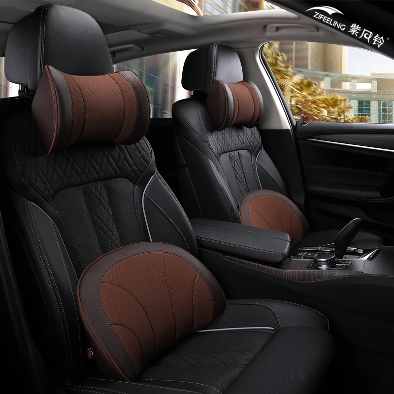 

Genuine Leather Car Neck Pillow Set Memory Foam Auto Headrest Lumbar Seat Supports Cushion Universal Back Pillows Accessories