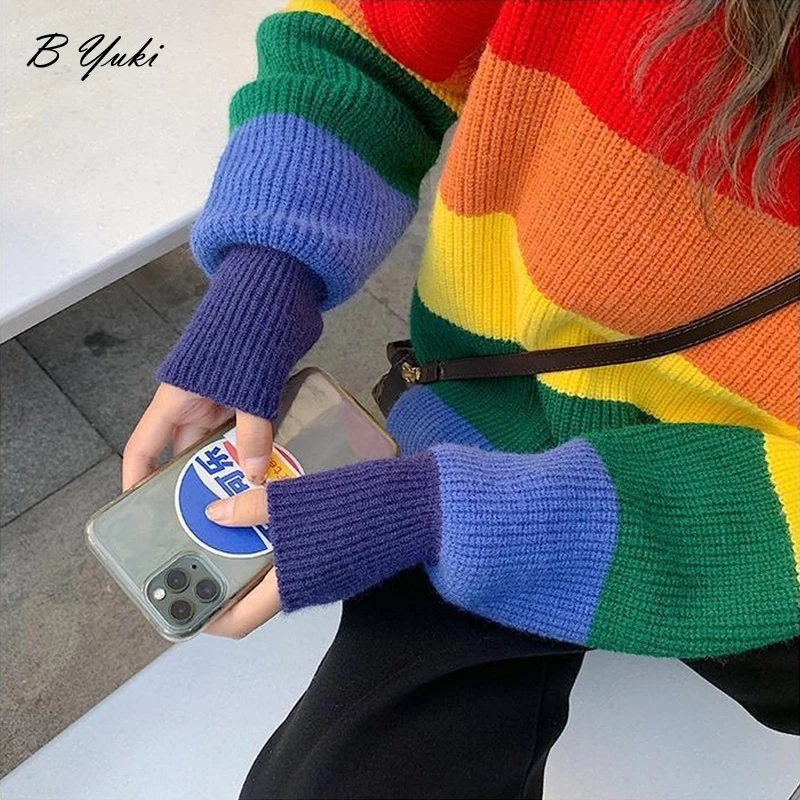 Blessyuki Oversized Knitted Rainbow Sweater Women Fashion Stripes Contrast Round Neck Pullover Sweater Casual Loose Cute Jumper images - 6