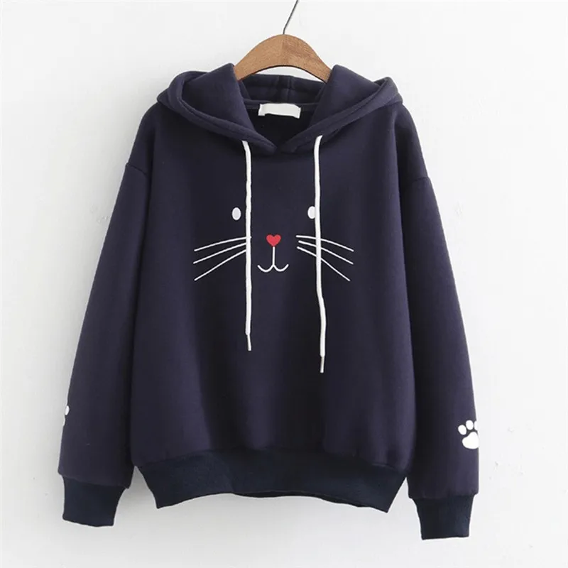 Navy Kawaii милые кошки укороченный толстовки осень для женщин кошка печатных размера плюс толстовка maletom дамы с длинным рукавом шляпа Туника розовый Kpop bangtan - Цвет: Navy