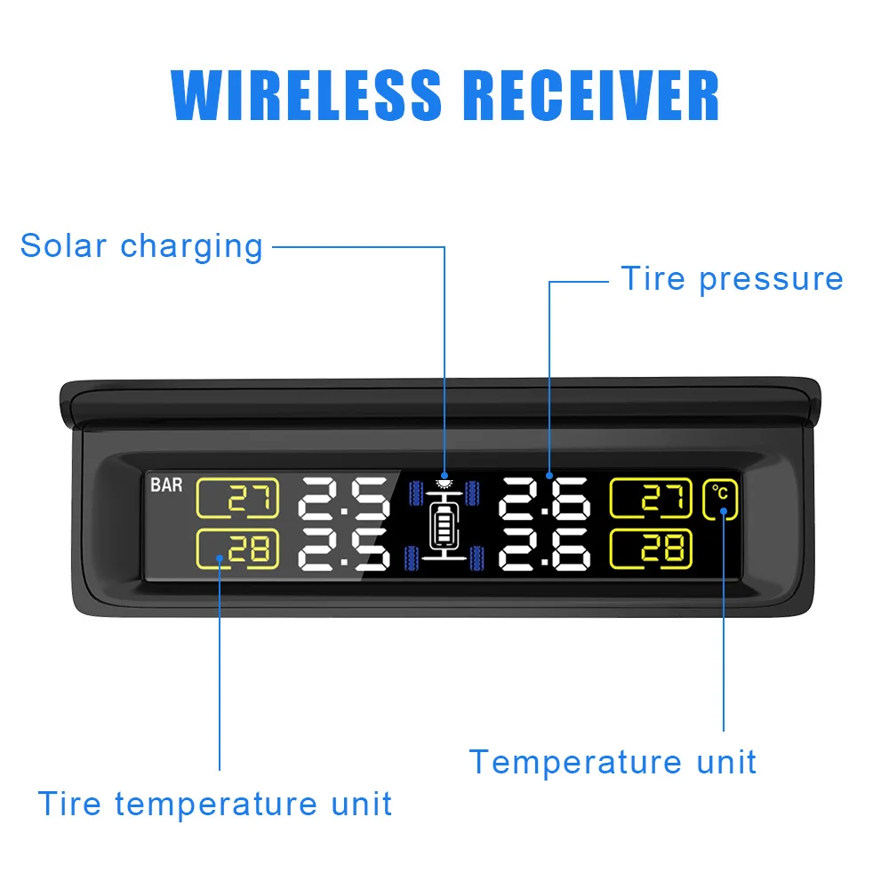 

Solar Power TPMS PSI/BAR Mode LCD Display Tyre Pressure Monitoring System With 4 Internal/External Sensor Replaceable Battery