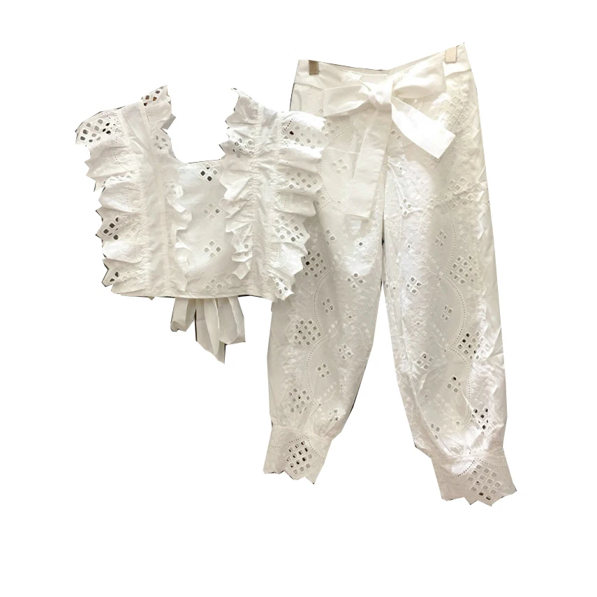 Лето 2019 короткий рукав-лепесток на шнуровке Открытый Топ длинные штаны белый