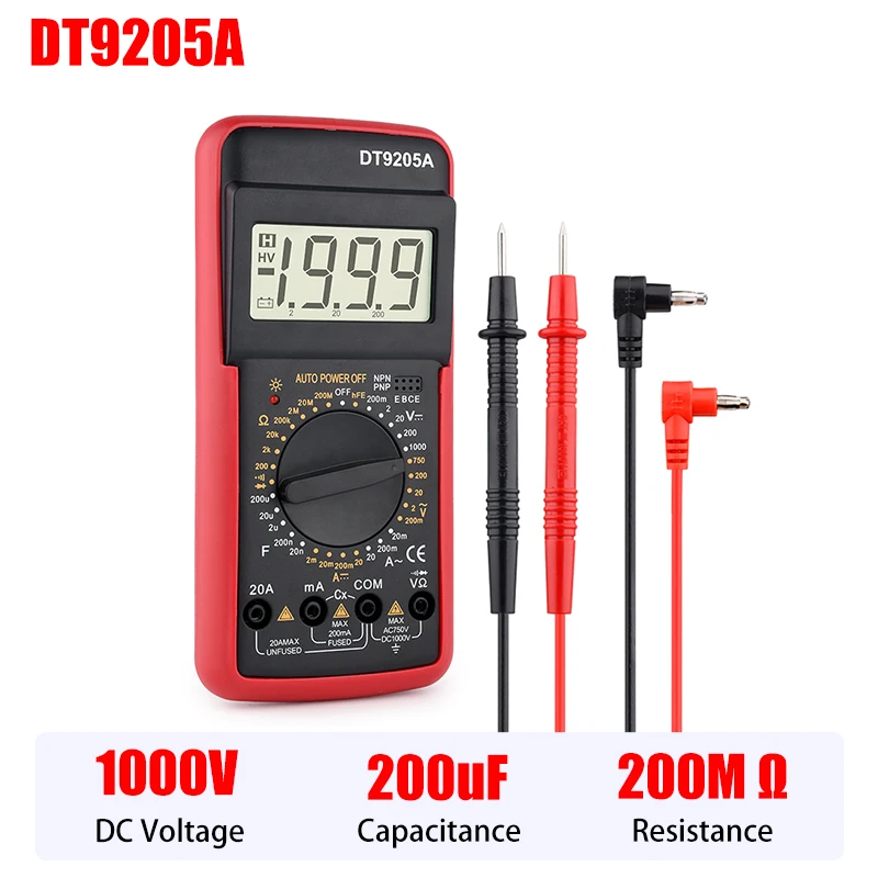 

DT9205A DMM Professional Multimeter Digital hFE AC DC Voltage Current 1000V 20A Capacitance Resistance Continuity Diode Tester