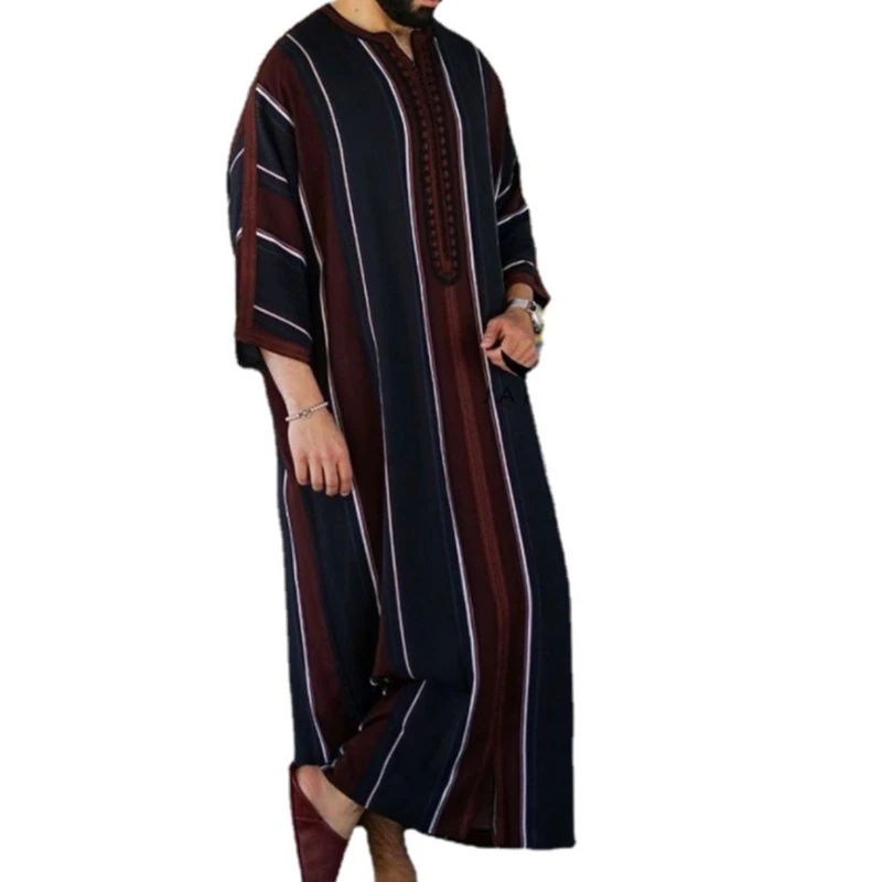 

Y166 Muslim Dresses for Mens Long Sleeve Stripes Dubai Shirt Kaftan Thobe Robe Gown Straight Leisure Race Style Clothing