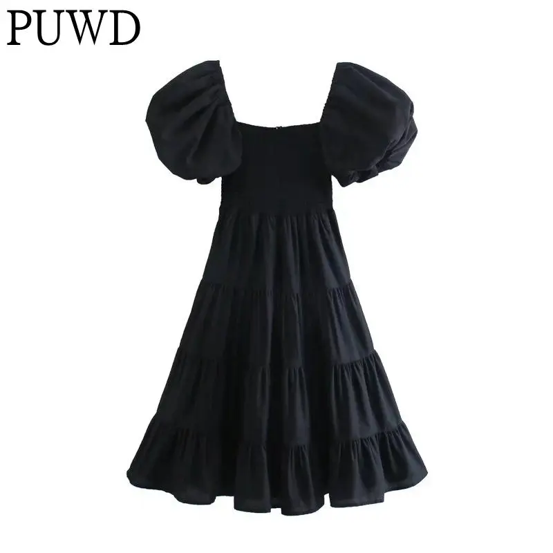 

Элегантное женское платье-миди с пышными рукавами, весна 2022, модное женское однотонное платье черного цвета со складками и квадратным ворот...