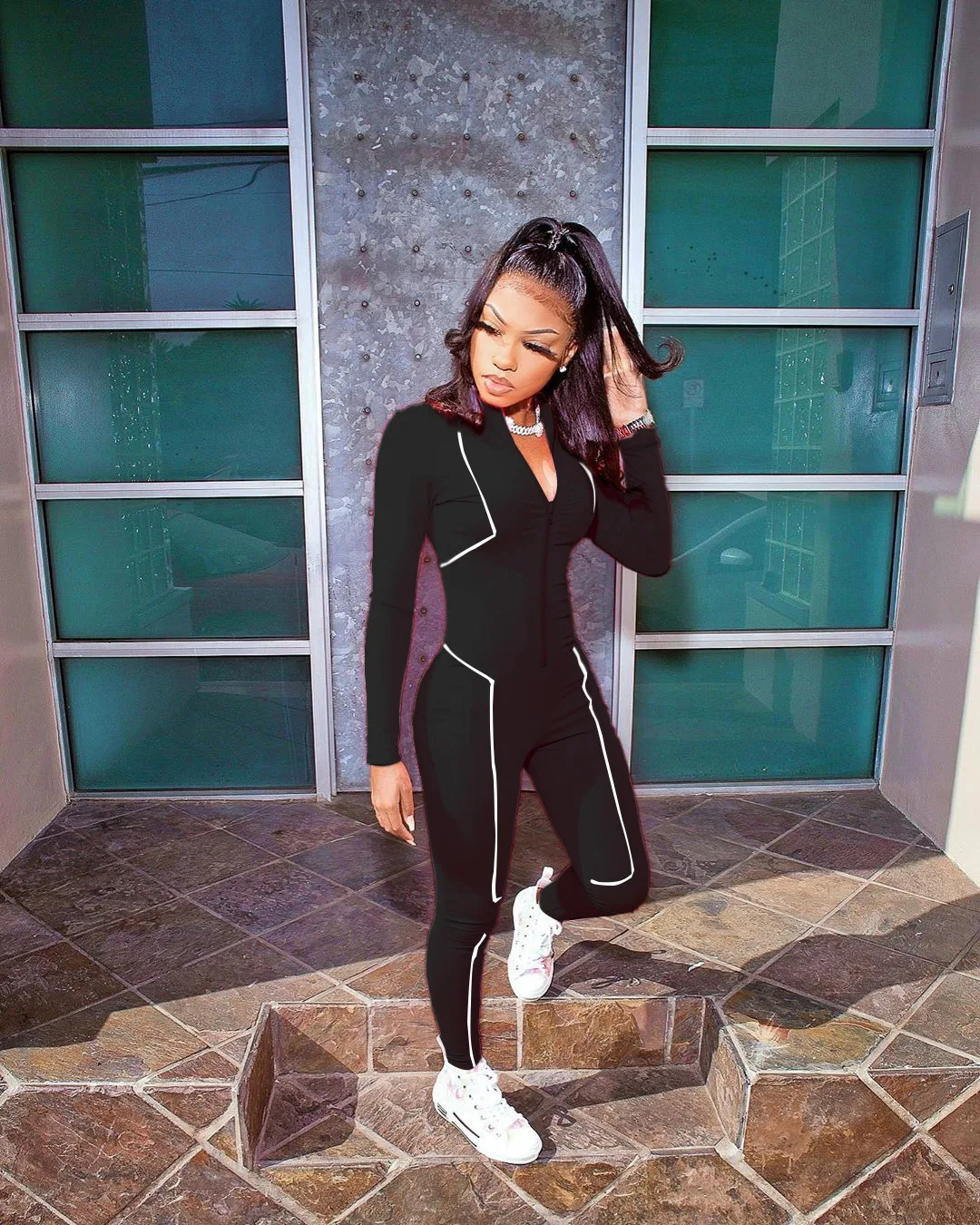 European and American women's clothing personality line sports fitness jumpsuit