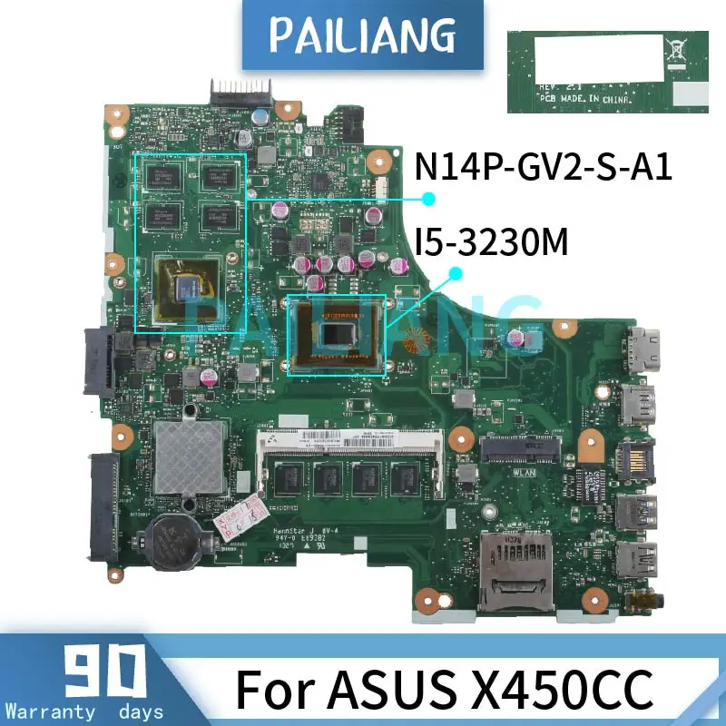 

PAILIANG Laptop motherboard For ASUS X450CC I5-3230M Mainboard N14P-GV2-S-A1 REV:2.1 DDR3 tesed
