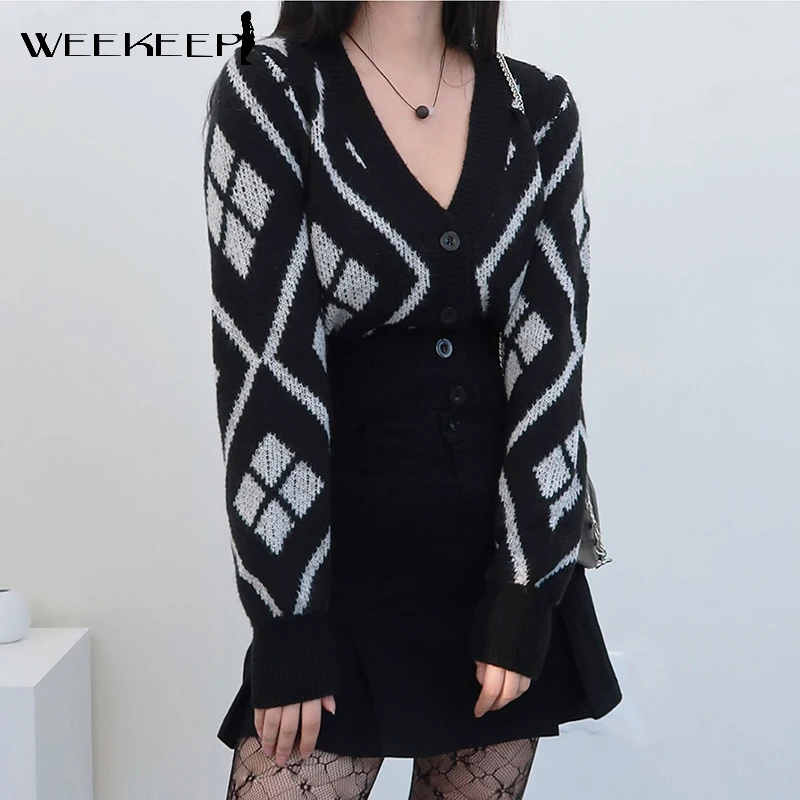 Женский вязаный Укороченный кардиган Weekeep винтажный клетчатый свитер с длинными