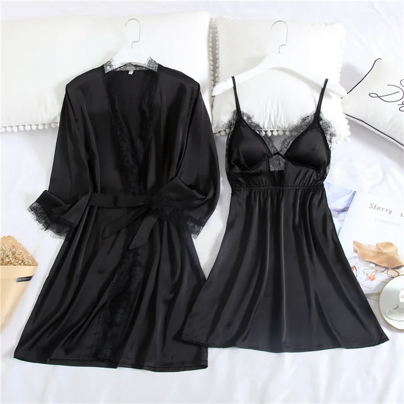 

Spring and Summer Sexy with Chest Pad Slip Nightdress Ice Silk Nightgown Two-Piece Imitated Silk Pajamas silk robes for women