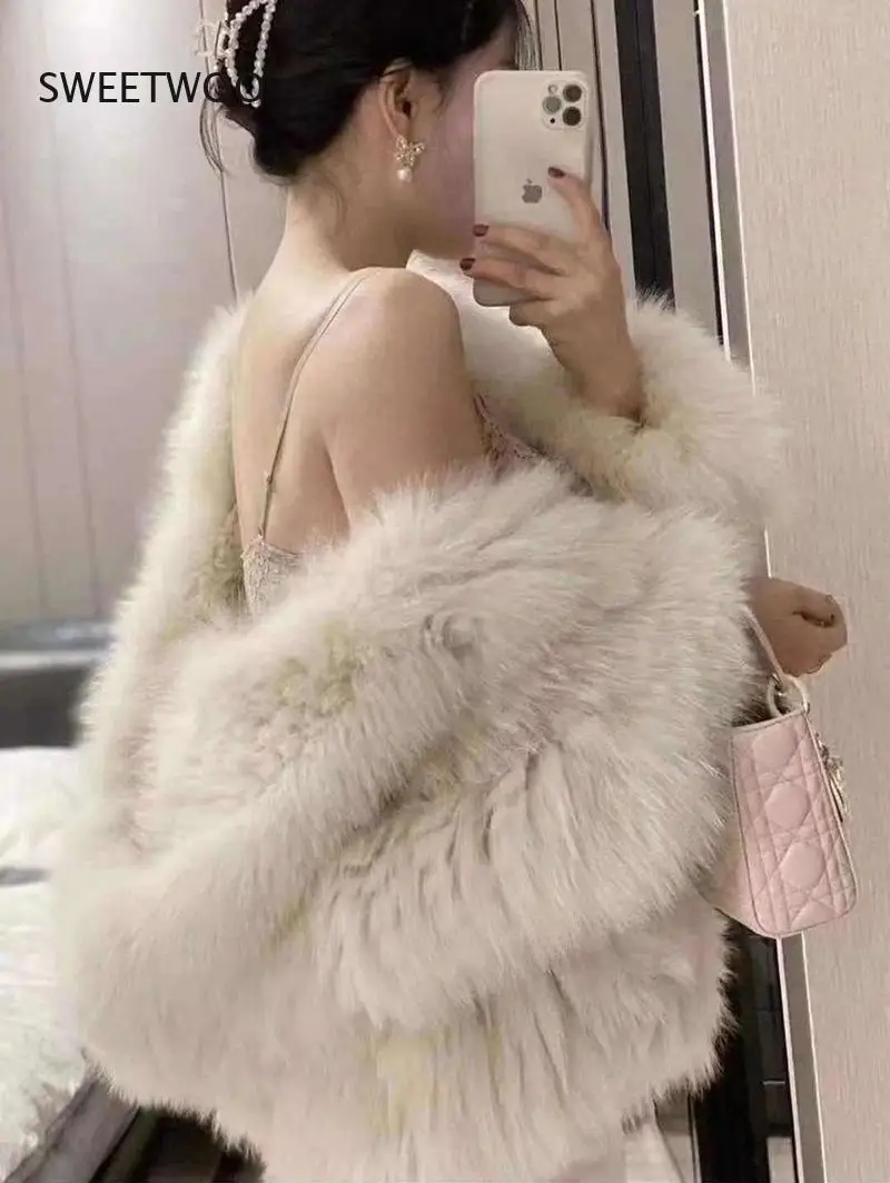 Autumn and Winter Imitation Fox Fur Coat Women's Winter Loose Mid Length Hooded New One-Piece Plush Thickened Jacket Casual Warm