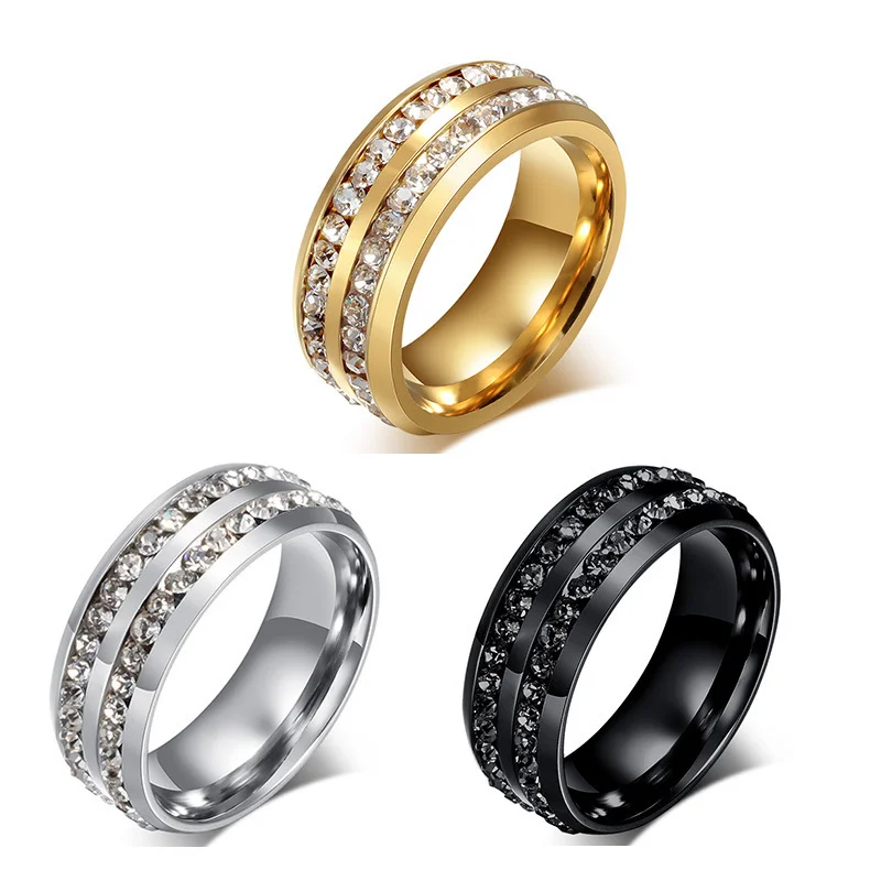 

Hot Sale Double Rows Full Rhinestone CZ Gold Color Titanium Steel Rings