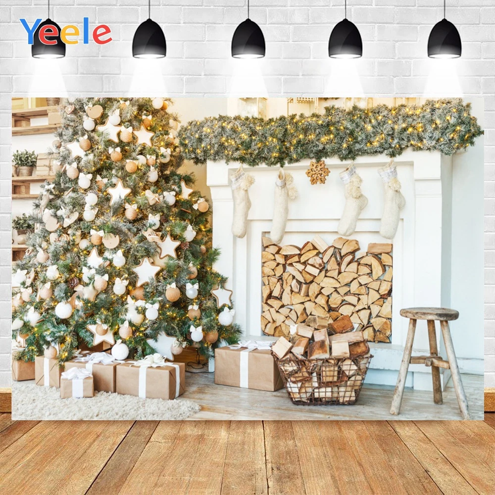 

Yeele Christmas Tree Wood Chair Balls White Firepace Gifts Background Photophone Photography Backdrop for Decor Customized Size