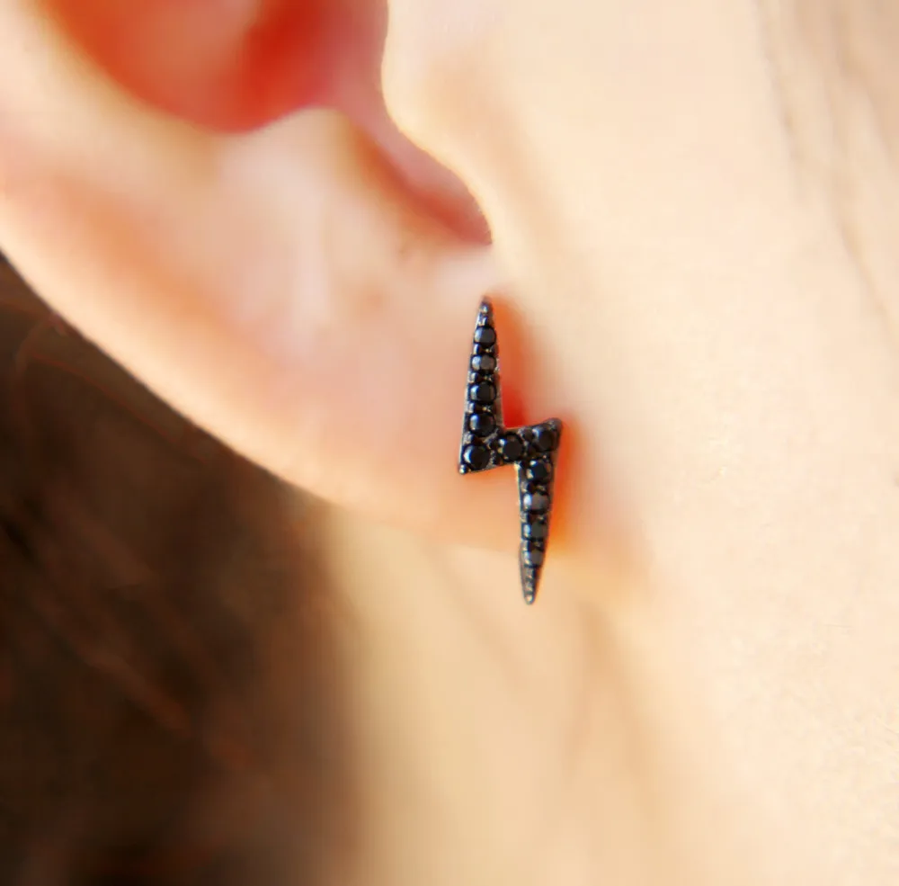 100% 925 Sterling Silver Jewelry Fashion Cute Tiny Rose Gold Color Lightning Stud Earrings with Black Cz for Girls Kids Lady | Украшения и
