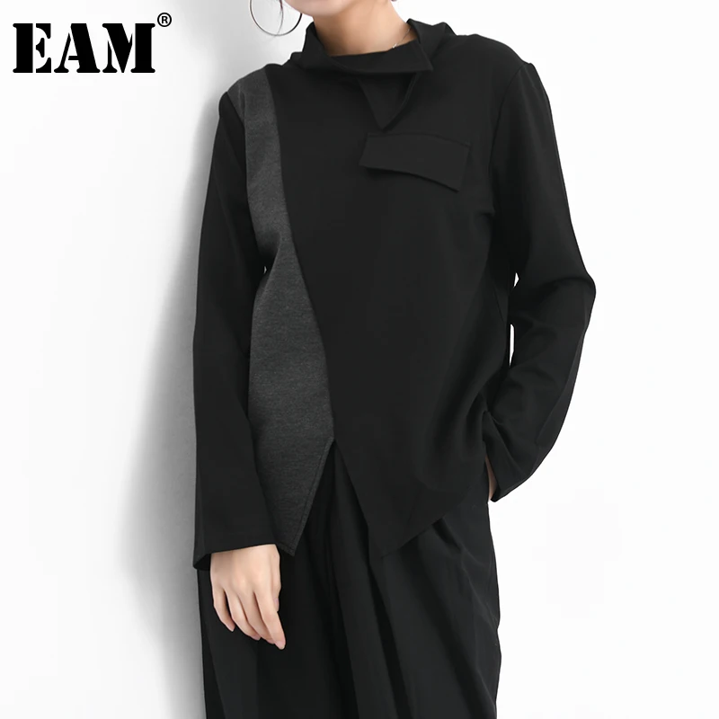 

[EAM] Irregular Spliced Gray Big Size Loose Fit Sweatshirt New Lapel Long Sleeve Women Big Size Spring Autumn 2021 1DD016102