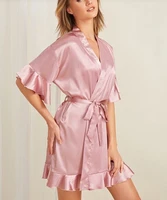 spring summer autumn womens ruffle hem belted satin kimono bridesmaids robe nightgown sleepwear s xxl