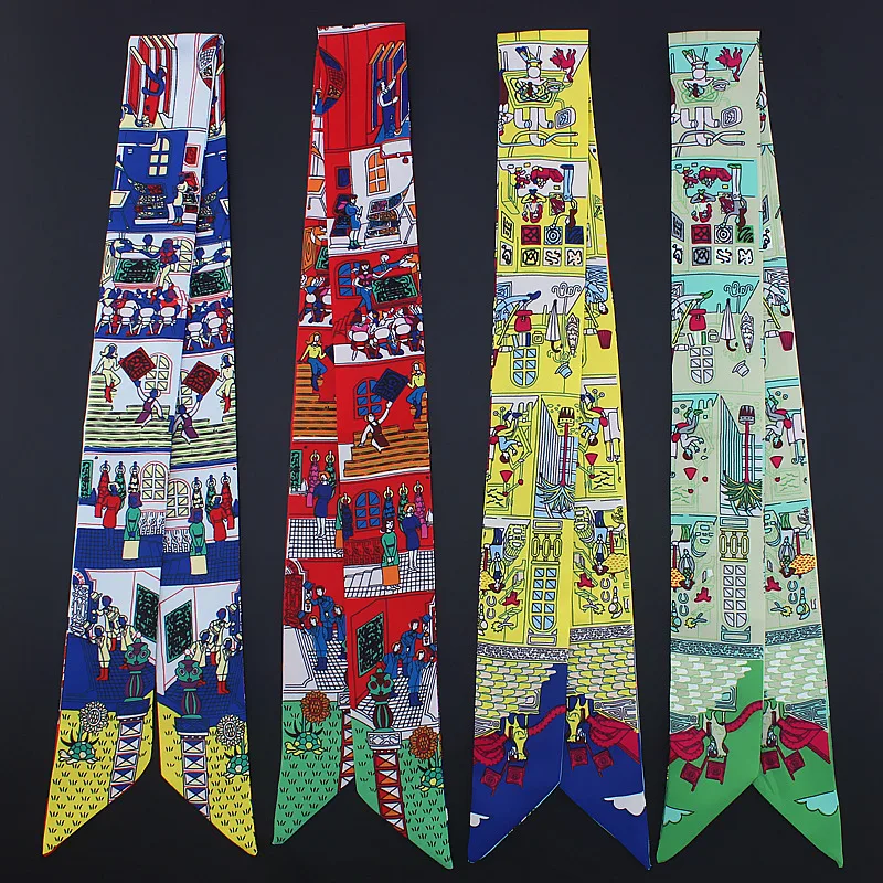 Новинка 2020 женский Шелковый узкий шарф маленькие шарфы для волос с принтом