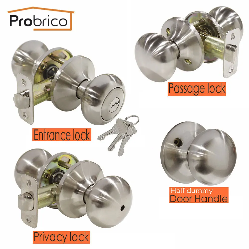 Probrico Interior door handles Round ball Front back gate knobs with lock cylinder latch stainless steel wooden door handle set