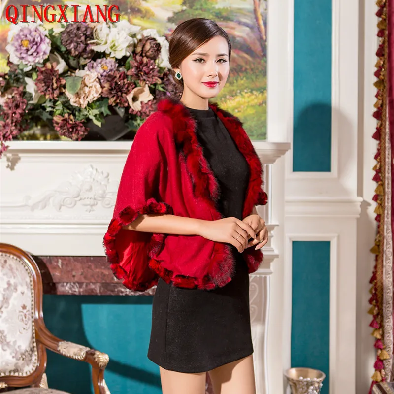

2020 Autumn Warm 50cm Width Short Rectangle Wrap Winter Cloak European US Fashion Real Fox Fur Neck Shawl Wool Cashmere Cardigan
