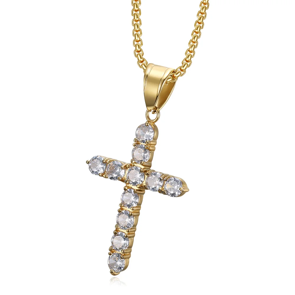 

Cross Necklace For Women Men Gold Color Iced Out CZ Bling Cross Pendant & Chains Stainless Steel Female Fashion Jewely Gift