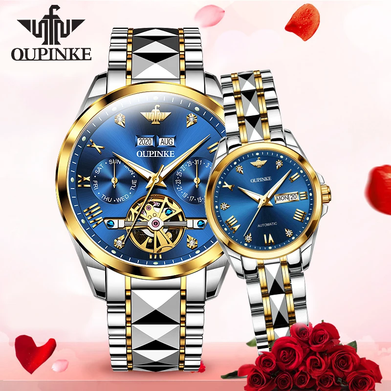 

OUPINKE Luxury Couple Watch Fashion Men Chronograph Mechanical Wristwatch Classic Blue Automatic Watch Women Sapphire Waterproof