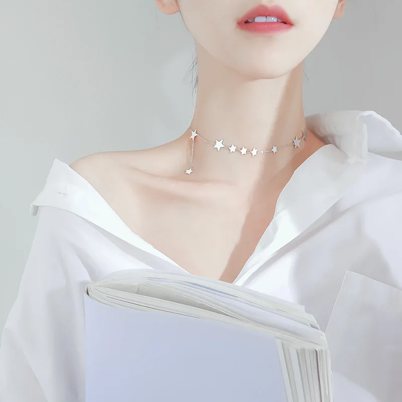 

MEYRROYU Sterling Silver 2021 New Fashion Necklace Glossy Star Clavicle Chain Trendy Beauty Chocker Fine Jewelry Gift For Women