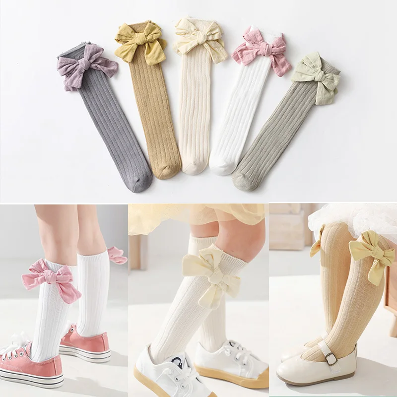 

2021 new Toddlers Girls Socks Big Bows Knee High Long Soft Cotton Baby Socks Stripped Children Socks Princess Style