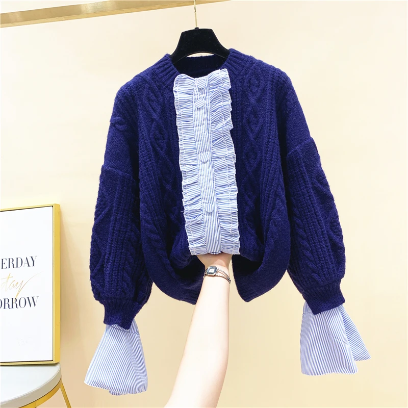 

2020 Autumn Winter New Loose Sweater Fashion Stripe Stitching Horn Sleeve Knitted Cardigan Jacket Women Sweaters Lady Knitwear